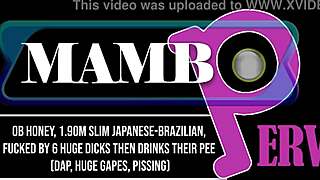 So, this slim Japanese-Brazilian babe got pounded by six huge dicks in a wild gangbang. She even drank their load with massive gapes!