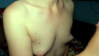 Cute redhead babe gives a sloppy blowjob with cum dripping on her tits