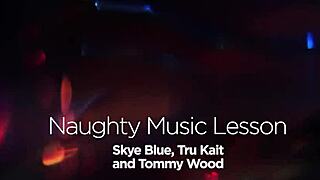 Naughty student trio! Skye Blue and Tru Kait turn music lesson into a wild threesome with rough play.