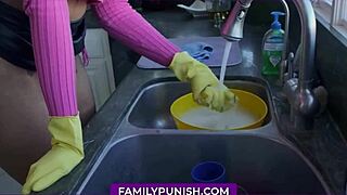 OMG, stepson shoves his cock in step mom's pussy while she cleans dishes!