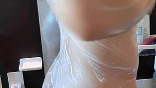 muscular japanese hunk jerks off in steamy shower time
