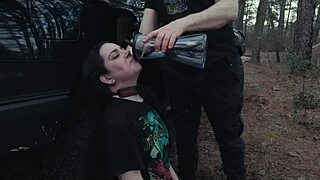 Submissive cutie eats ass and takes rough face fucking at roadside.