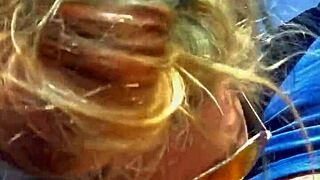 Blonde cheat sucks cock and gets a facial in broad daylight outdoors