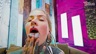 Petite beauty in fishnets and heels plays solo with a massive anal dildo.