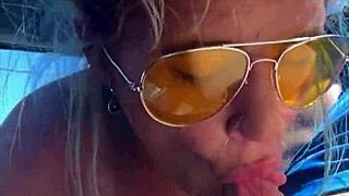 Blonde cheat sucks cock and gets a facial in broad daylight outdoors
