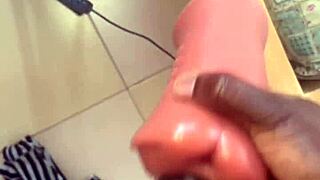 Descriptive Sneak Peak of BBC Toy Penetrating White Pussy in Bathroom. Homemade Clip Shows Intense Solo Action.
