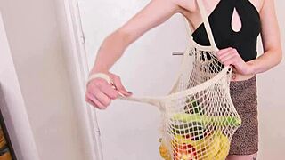 POV Cheating Housewife Pixie Pink Takes Hard Spanking and Anal with Cucumber in Kitchen. Dry Action Leaves Her Gasping.