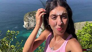 Crazy cumwalk with a cute teen in a crowded public spot, nearly caught while swallowing huge loads.