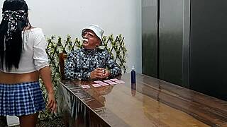 old dirty guy fucking a student who flirts with him and grabs the chance! 😜