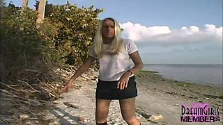 all natural blonde babe flashes tits and shaved pussy in risky outdoor spots.